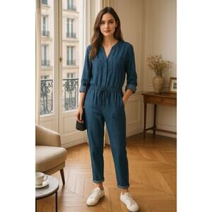 ANN TAYLOR LOFT Linen Blend Drawstring Waist Roll Tab Sleeve Denim Jumpsuit